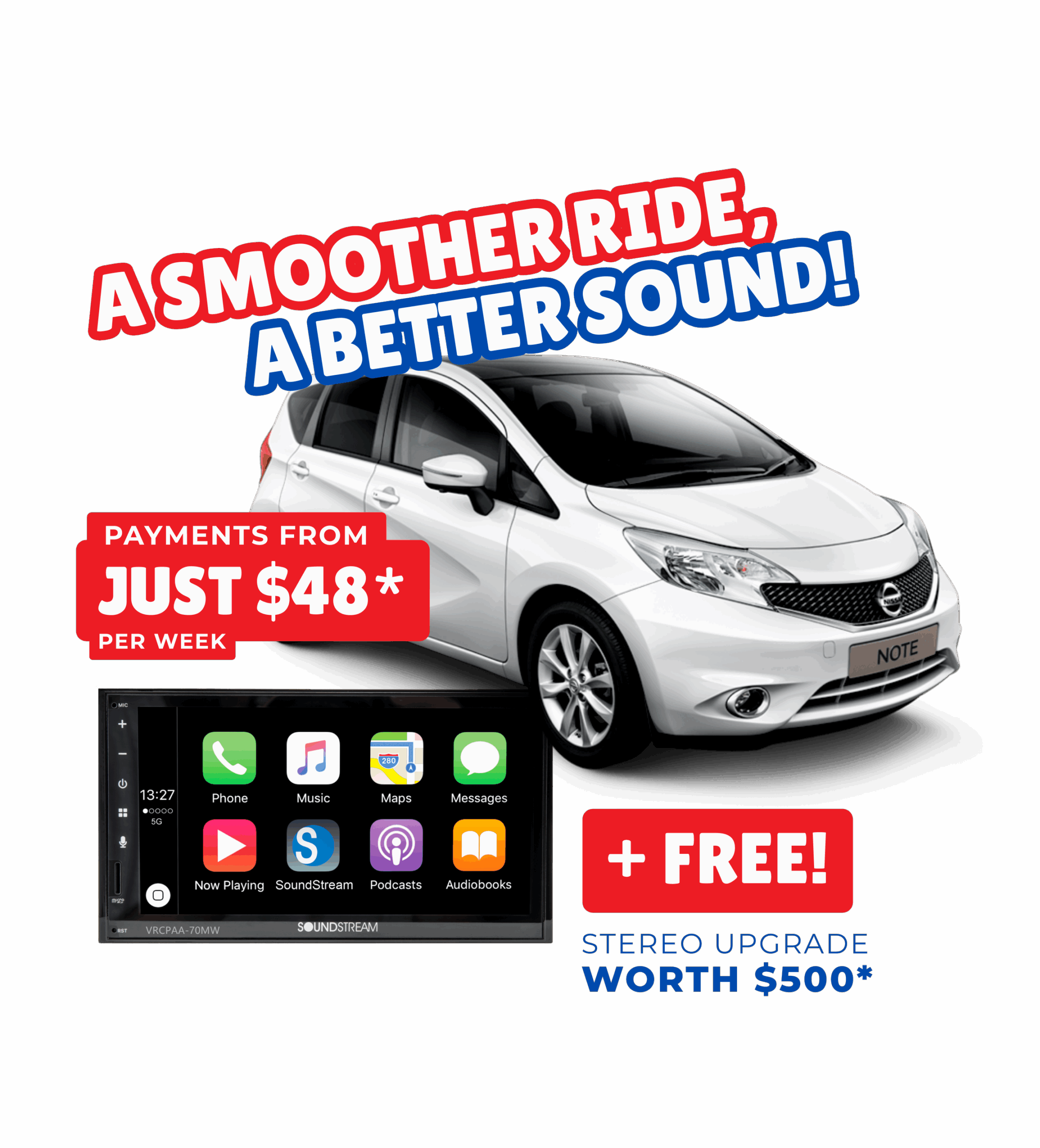 Nissan Note from $48/week* with a free $500 stereo upgrade, limited time only at Portage Cars